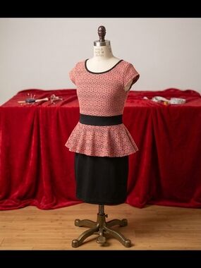 Almost Famous Pink Lace Peplum Pencil Dress with Black Waist